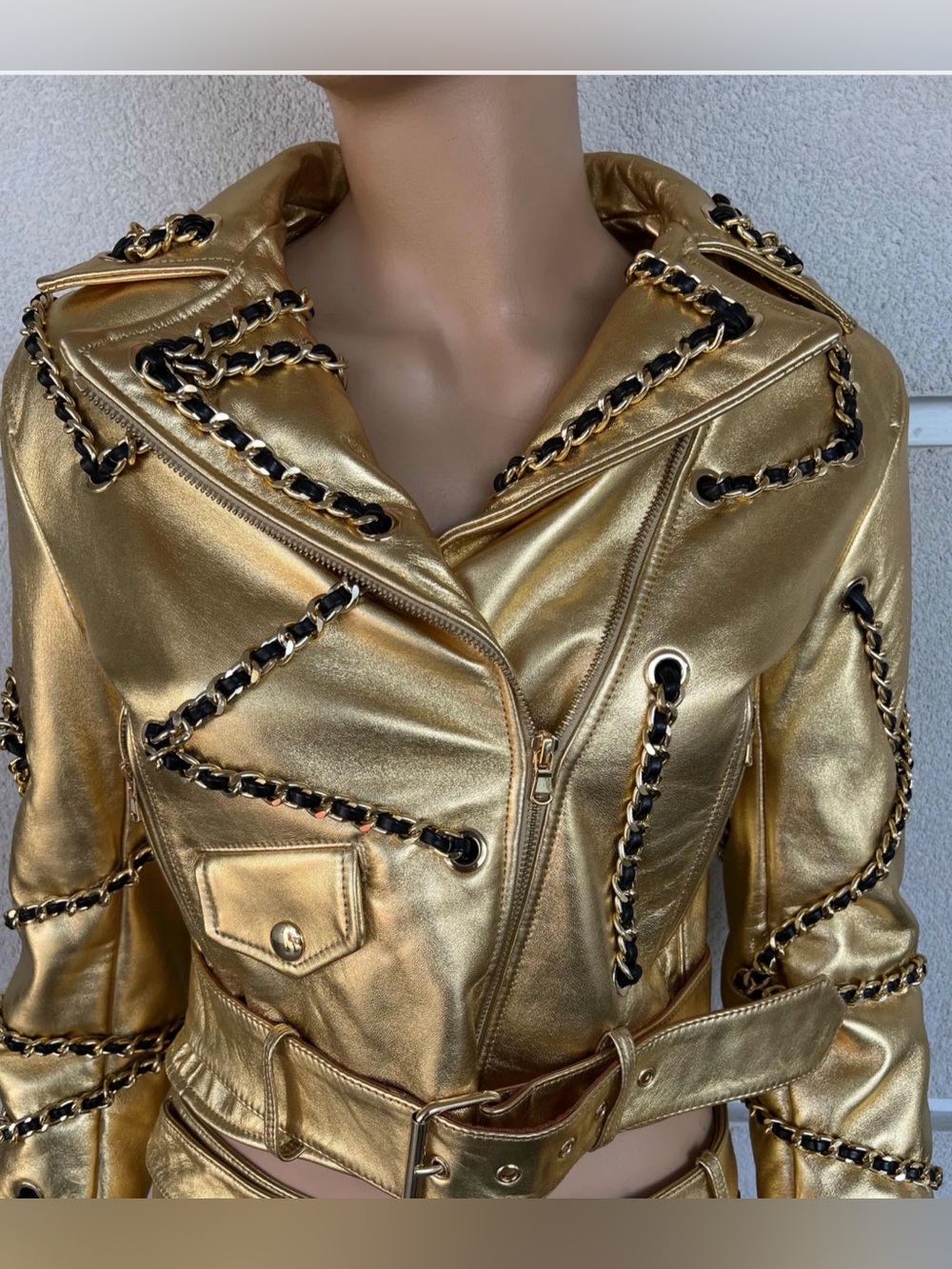 Moschino Metallic Gold Cropped Leather Biker Jacket with Chain Trim